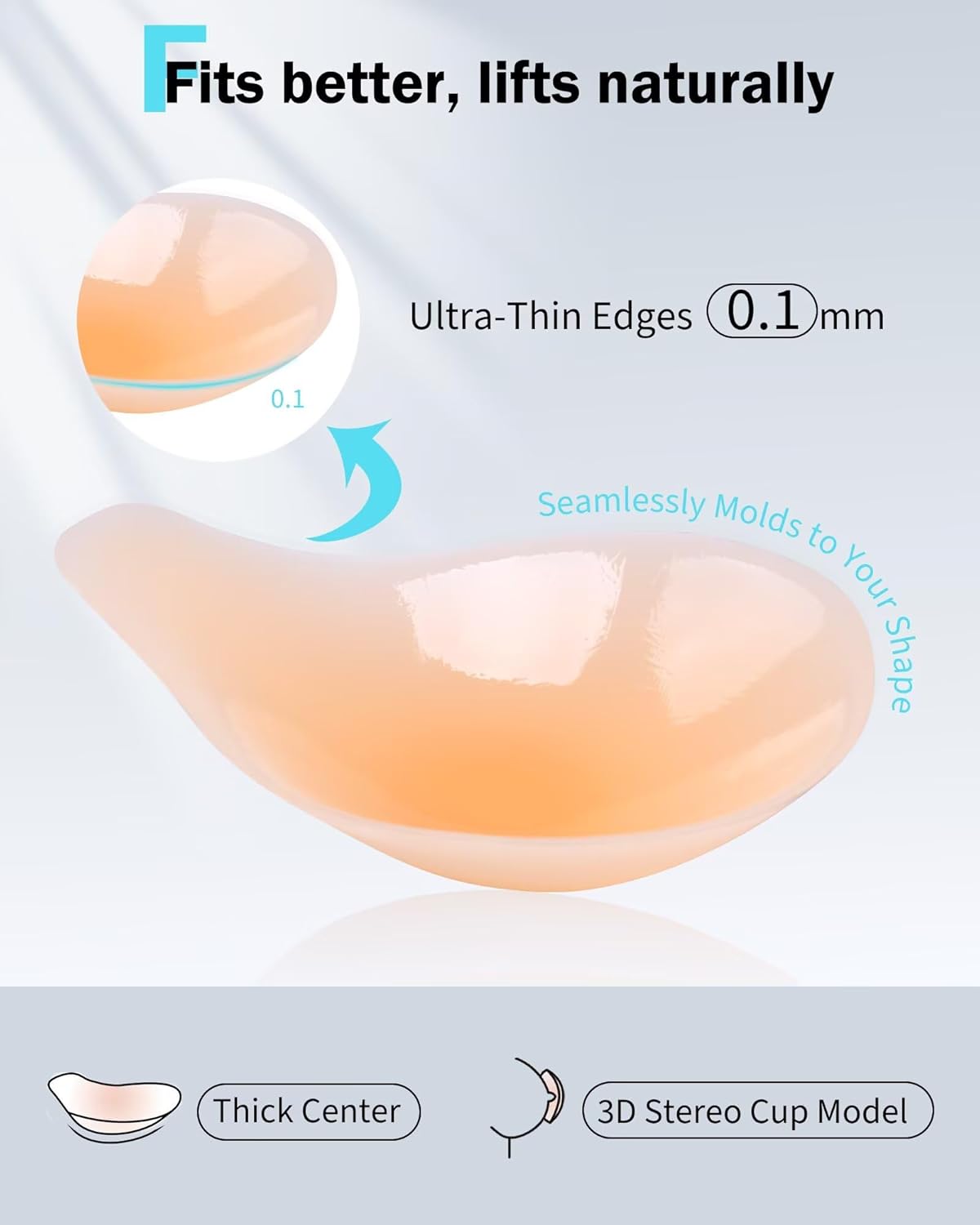 Sticky Bra for Women, Push Up Adhesive Bras, Invisible Backless Strapless Silicone, Spoon Shape Thin Edge (2 Pairs)
