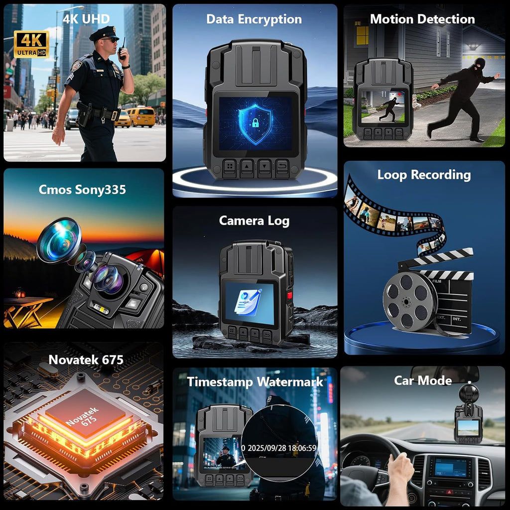 CAMMHD V8-256GB 4K Body Camera with Audio and Video Recording, 2160P Body Cam Two Battery 4400mAh Work 14H, H.265 Video Recorder, IP68 Waterproof, Night Vision Police Camera with Charging Dock