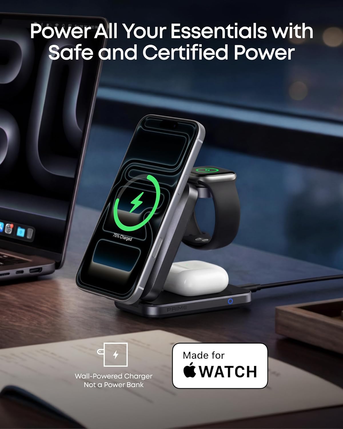 Anker Prime 3-in-1 Charging Station, AirCool Wireless Charger, 25W Qi2.2-Certified Palm-Sized Foldable MagSafe Charger Compatible with iPhone 17, Apple Watch, AirPods (Non-Battery, with Adapter)