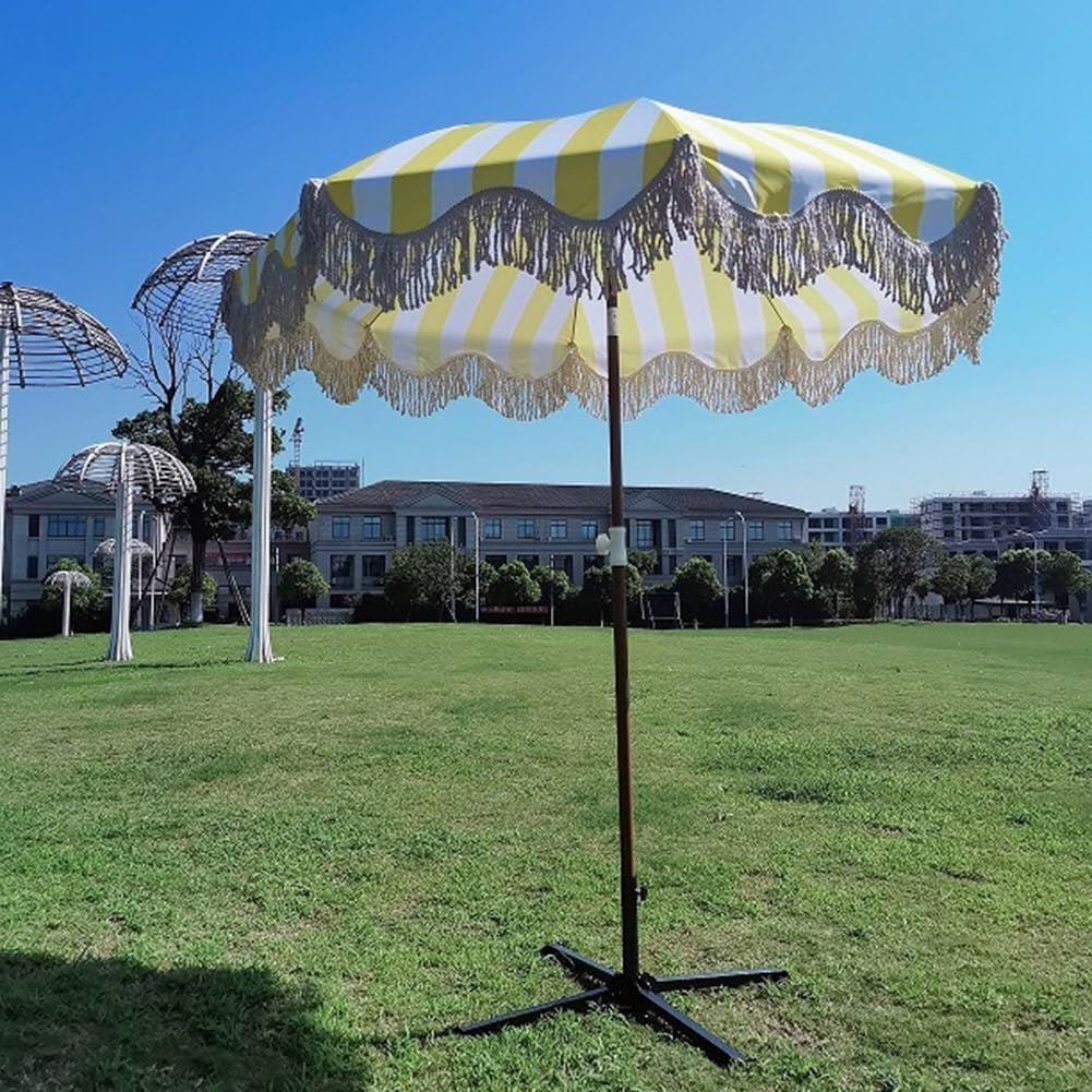 7FT Boho Fringe Patio Umbrella - Outdoor Garden Parasol for Beach Deck - Yellow and White Stripes - Stylish Vintage Tassels - Push Button Tilt