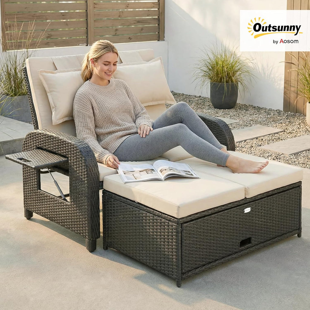 Outsunny Patio Rattan Daybed, Wicker Outdoor Daybed with Storage Ottoman, Loveseat Sofa with Adjustable Backrest, Side Tables, Cushions, Headrests, Double Sunbed Lounger for Balcony, Beige