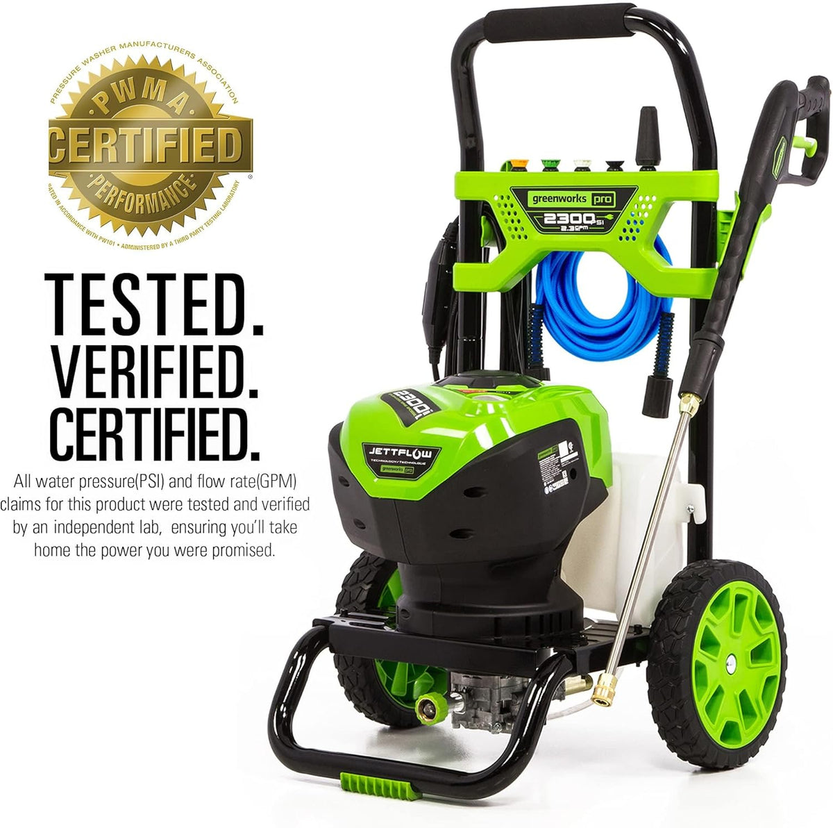 Greenworks 2300 PSI TruBrushless (2.3 GPM) Electric Pressure Washer, 25' Hose, Quick Connect Wand, 15, 24, 40 Degree Soap and Turbo Nozzle