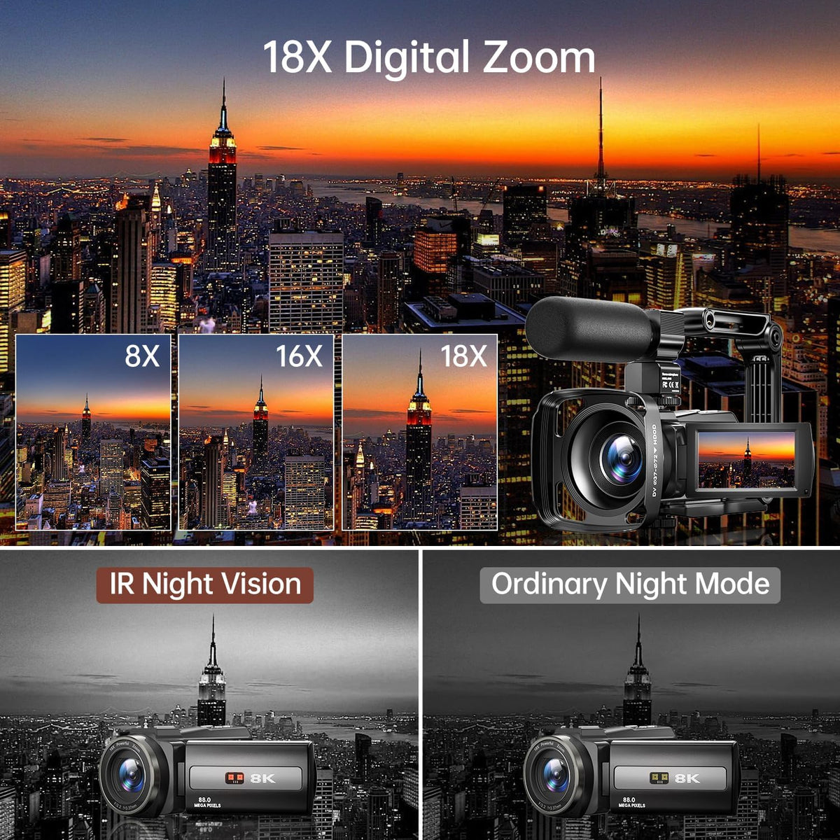 8K Video Camera 88MP UHD WiFi Vlogging Cameras for YouTube 18X Digital Zoom IR Night Vision 3.0'' Touch Screen Camcorder with 32GB Card, Microphone, Lens Hood, Stabilizer, Remote, Two Batteries