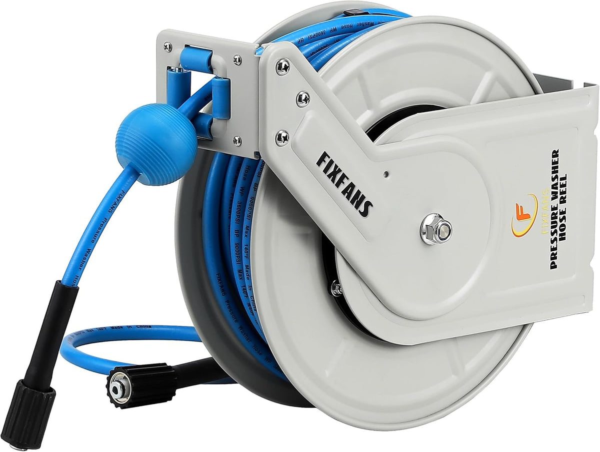 FIXFANS Pressure Washer Hose Reel with Hose, 1/4" × 60ft Retractable Power Washer Hose Reel, Heavy Duty Hose Reel Auto Rewind, Wall Mounted, 3600 PSI