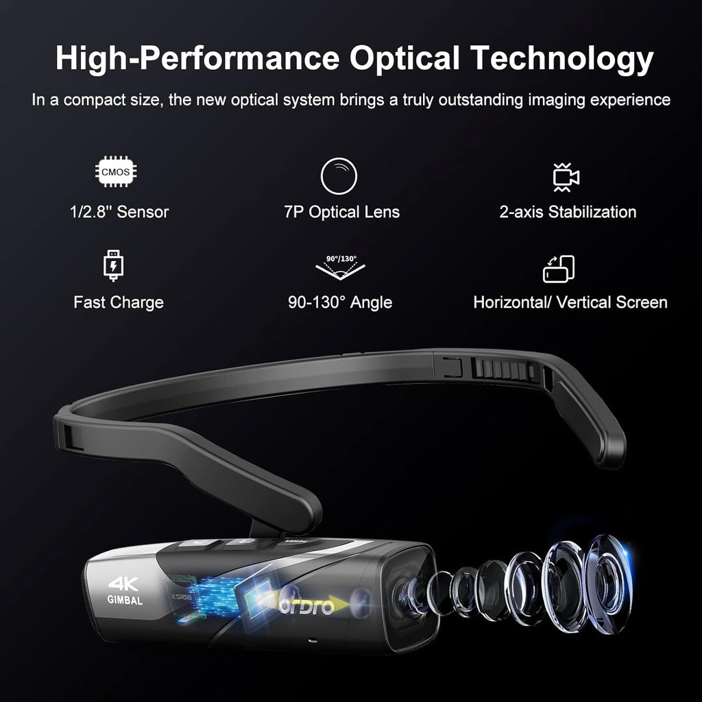 ORDRO EP8 4K Video Camera for Vlogging, 2.0 Gimbal Stabilizer Hands Free Wearable Vlog Camera, 4K 60FPS UHD Head Mounted Video Camera with Remote Control(Black)