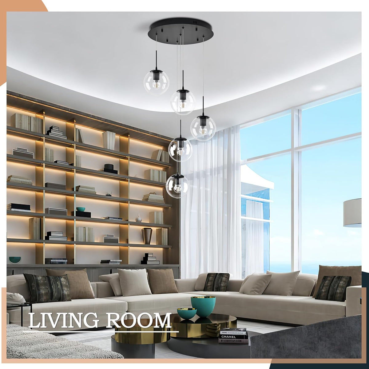 KoKo&Yukina 5-Light Black Clear Globe Glass Chandelier Globe Glass Pendant Light Adjustable Length Pendant Lights Modern High Ceiling Lights Fixtures for Foyer Staircase Entryway (Bulb & Remote Incl)