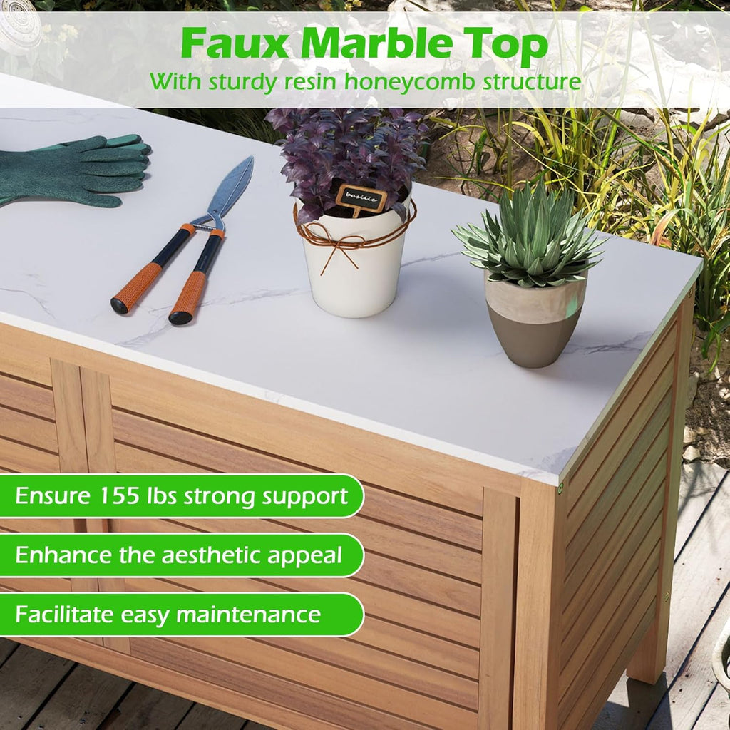Goplus Patio Storage Cabinet, 2-Door Acacia Wood Console Table with Faux Marble Top, Outdoor Wooden Sideboard for Deck, Garden, Backyard & Entryway