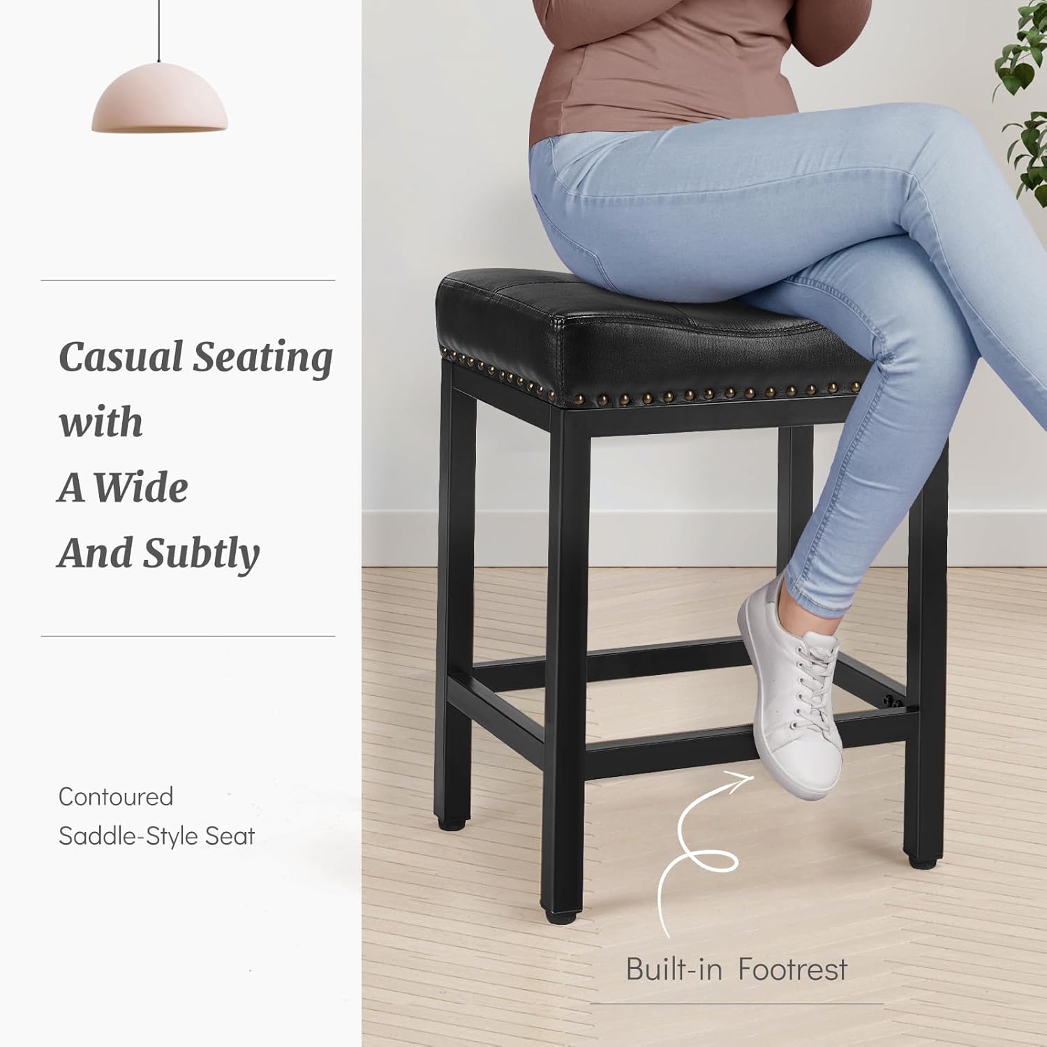 DUMOS Saddle Bar Stools Set of 4, 24 Inch Counter Height Stools with Curved PU Leather Surface, 3.7" Thick Upholstery Bar Height Stools with Footrest for Kitchen Island, Dining, Cafe, Black