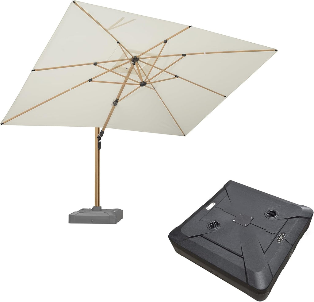 PURPLE LEAF 10' x 13' Rectangle Patio Cantilever Umbrella With Base Large Hanging Umbrella Teak Finished Aluminum Frame Windproof Offset Outdoor Sun Umbrellas for Beach Pool Deck, Cream