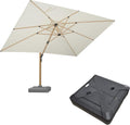 PURPLE LEAF 10' x 13' Rectangle Patio Cantilever Umbrella With Base Large Hanging Umbrella Teak Finished Aluminum Frame Windproof Offset Outdoor Sun Umbrellas for Beach Pool Deck, Cream