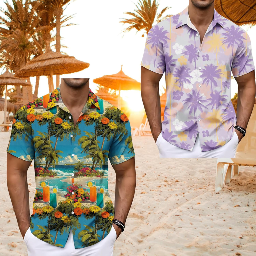 Mens Summer Shirts V Neck Beach Vacation Tops Short Sleeve Hawaiian Print Shirt for Men Funny Graphic Casual Hawaii Graphic