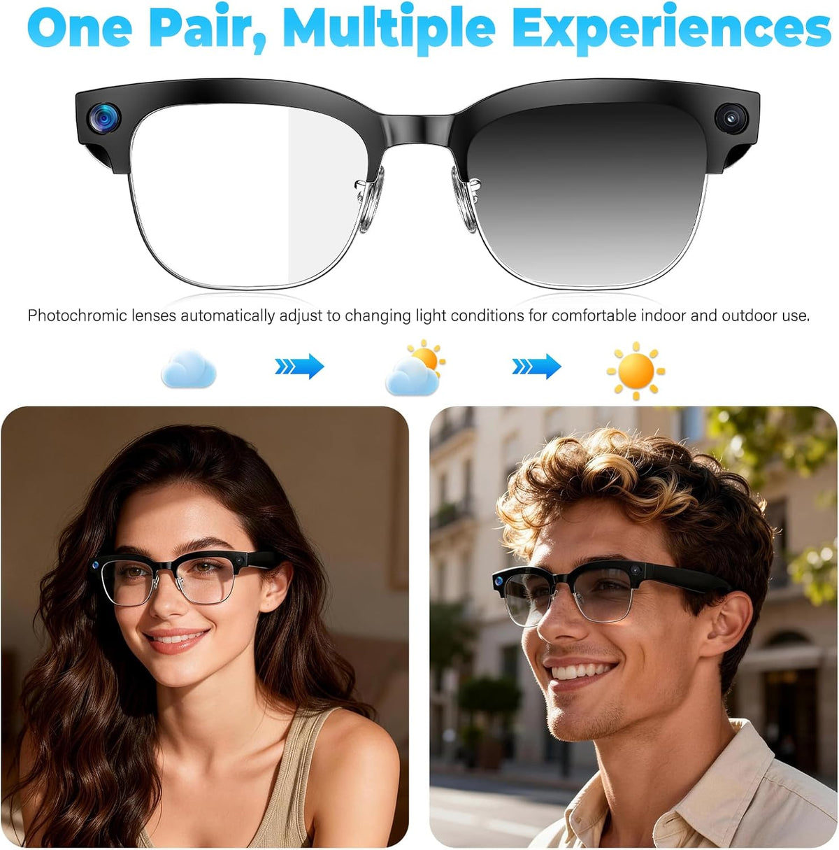 AI Smart Glasses with Camera, 4K EIS Anti-Shake Video & Photo Capture, Real-Time Translation,Open-Ear Bluetooth Audio, Object Recognition, Recording Sunglasses with Photochromic