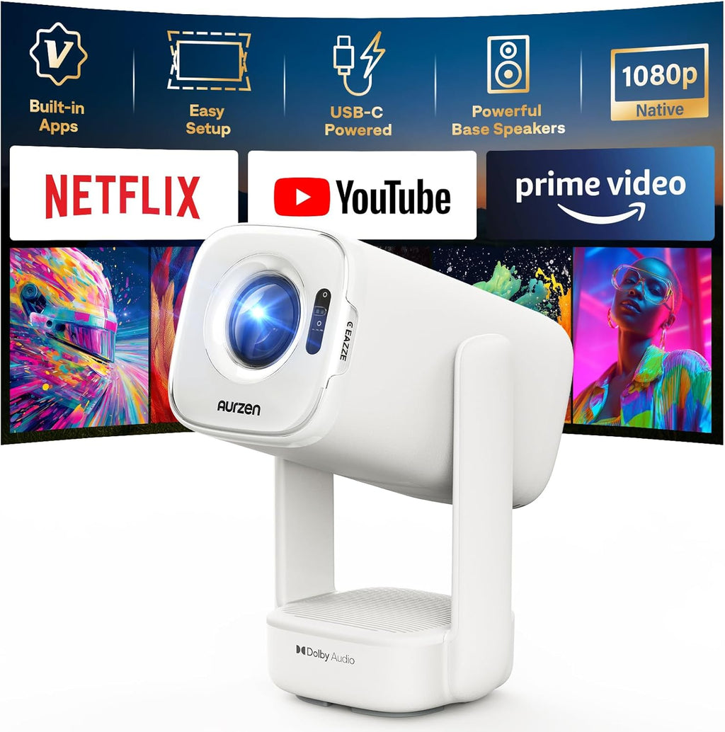Aurzen D1 air Smart Portable Projector with WiFi and Bluetooth, USB-C Powered, Easy Auto Setup, 16W Dolby Audio, Built-in Apps, Native 1080P HDR10, Outdoor Movie Projector, White