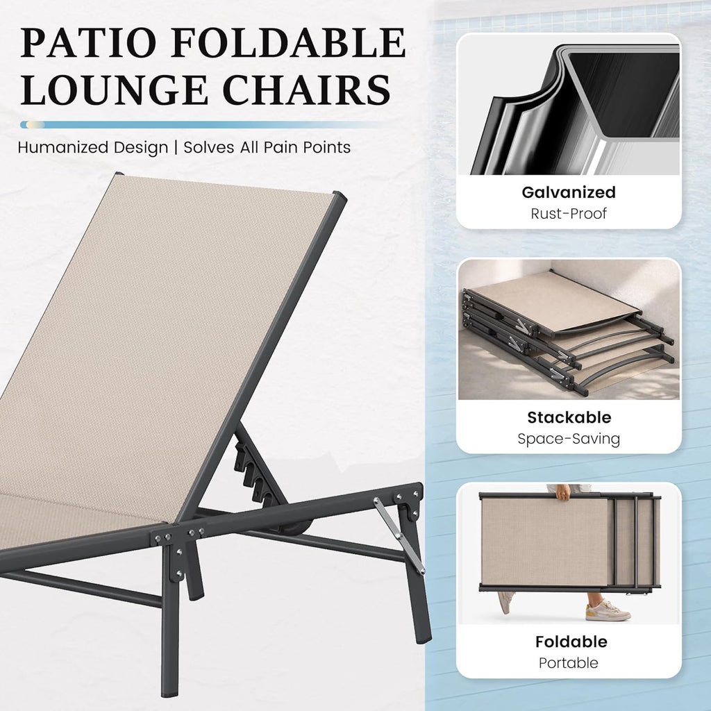 UDPATIO Foldable Patio Lounge Chair Sets with Side Table, No Assembly Outdoor Chaise Lounge with 5-Positions, Poolside Lounge Chairs with Portable Design for Pool, Beach, Deck, Backyard