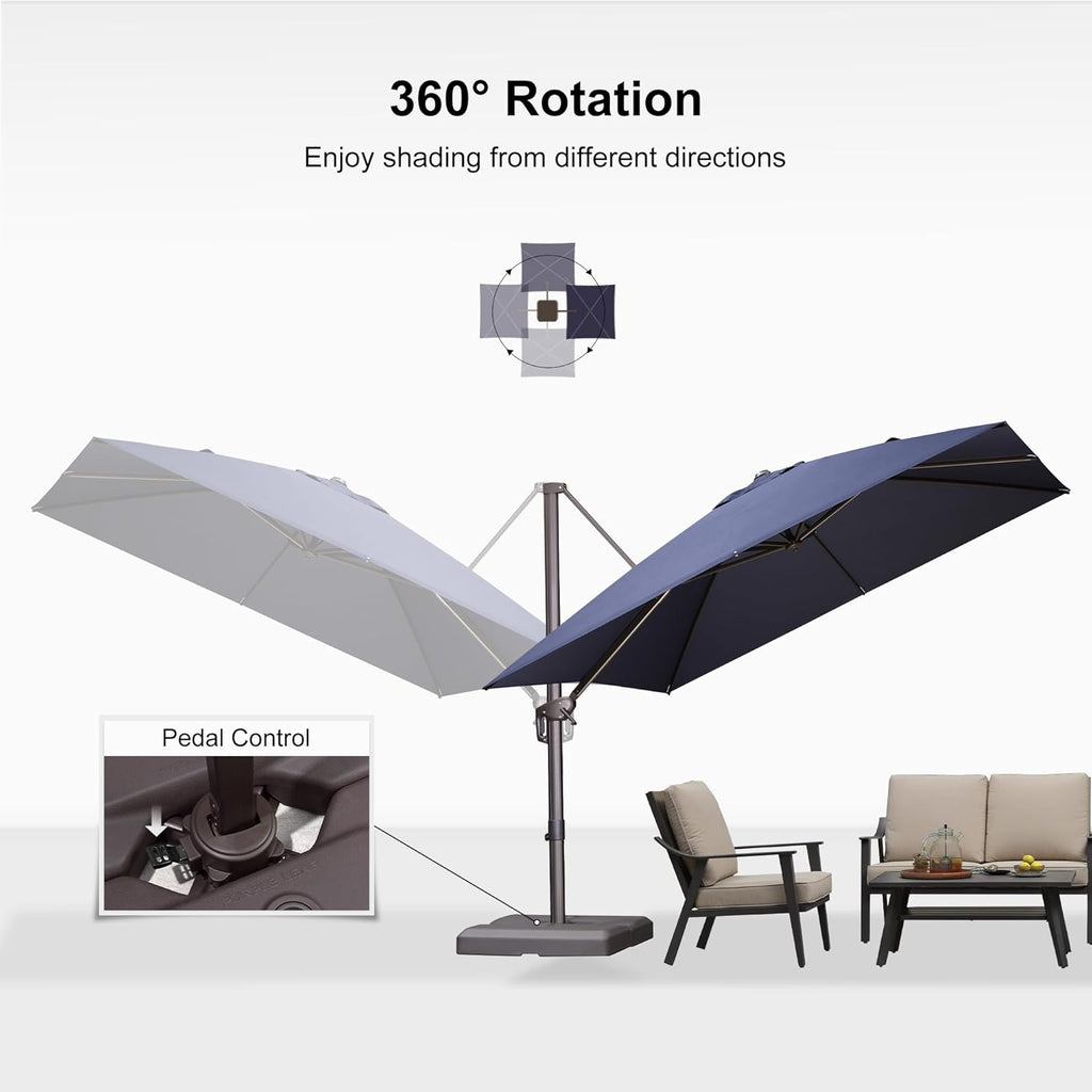 PURPLE LEAF 10' X 10' Patio Cantilever Umbrella with Base Included Antique Bronze Square Outdoor Umbrella with 360° Rotation and Aluminum Offset Hanging for Garden Backyard Pool, Navy Blue