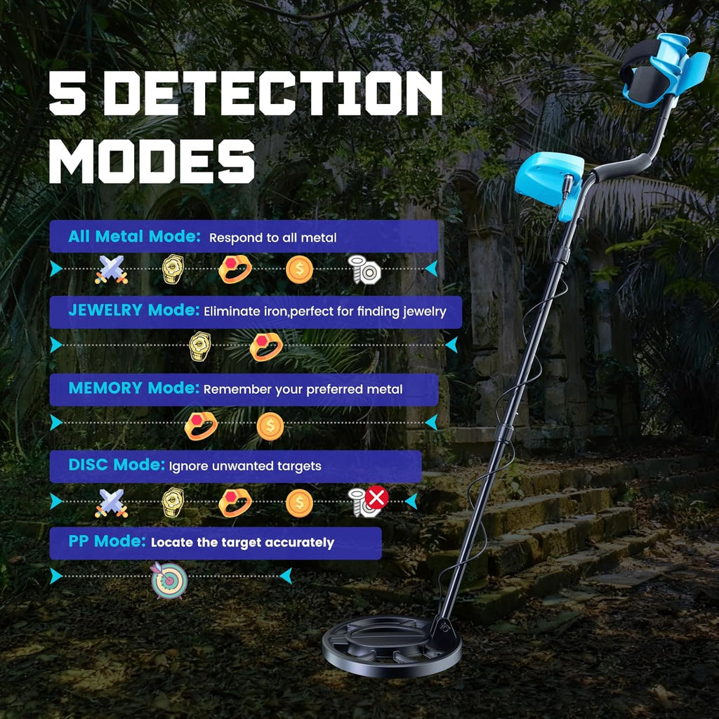 Metal Detector for Adults & Kids Professional Cordless Gold Detector 5 Modes, Advanced DSP Chip, Adjustable Length, Backlight LCD Display, 10" Waterproof Search Coil - Blue