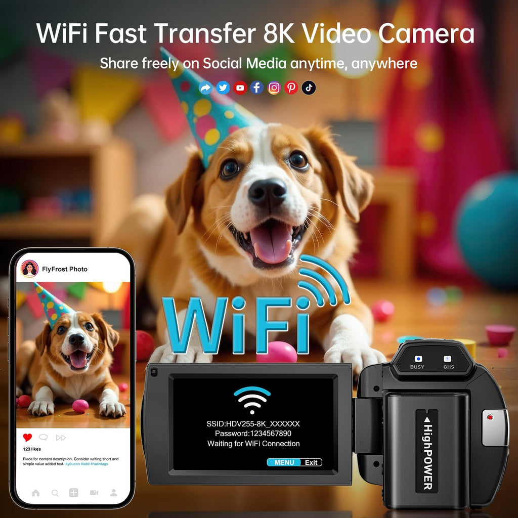 8K Video Camera 88MP UHD WiFi Vlogging Cameras for YouTube 18X Digital Zoom IR Night Vision 3.0'' Touch Screen Camcorder with 32GB Card, Microphone, Lens Hood, Stabilizer, Remote, Two Batteries