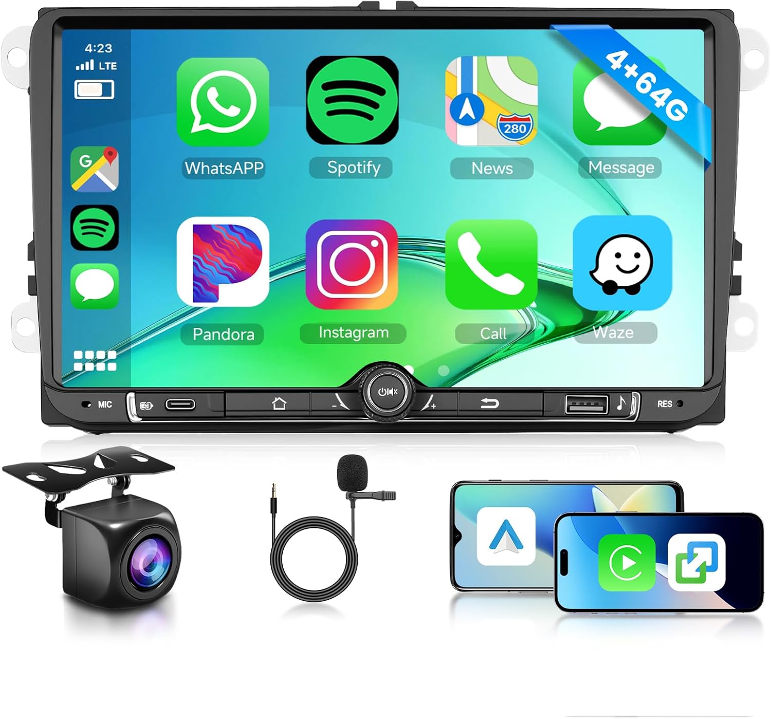 Hodozzy 4G+64G Radio for Volkswagen VW Jetta Passat Golf Beetle Polo Caddy Tiguan Touran for SEAT for Skoda with Wireless CarPlay Android Auto, 9 Inch Car Radio with Bluetooth,GPS,WiFi,Camera