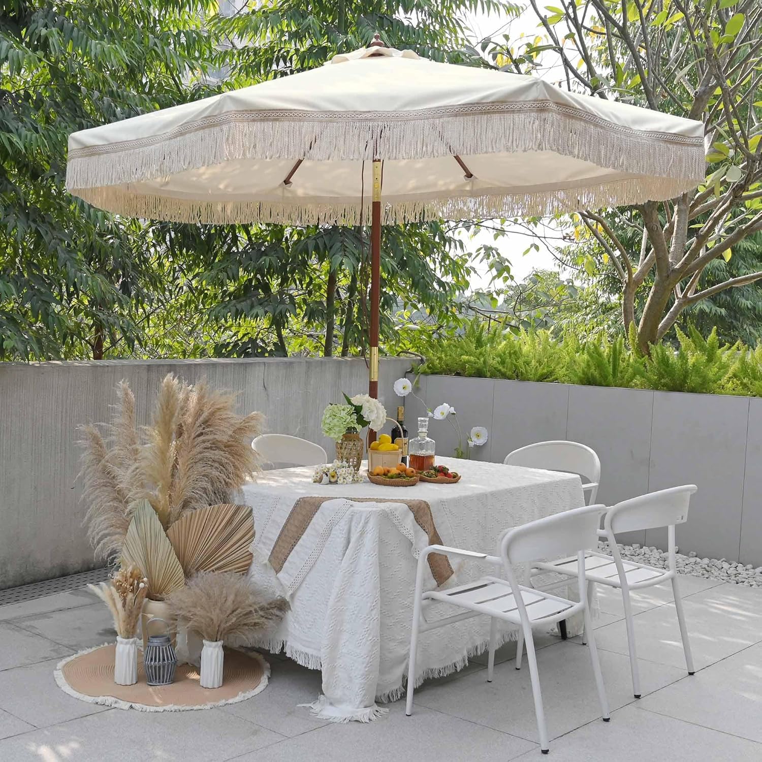LAGarden Boho Market Wood Fringe Patio Umbrella with Carry Bag Tassels for Outdoor Event Garden Yard House Wedding Party Deck Poolside Sun Shade Parasol