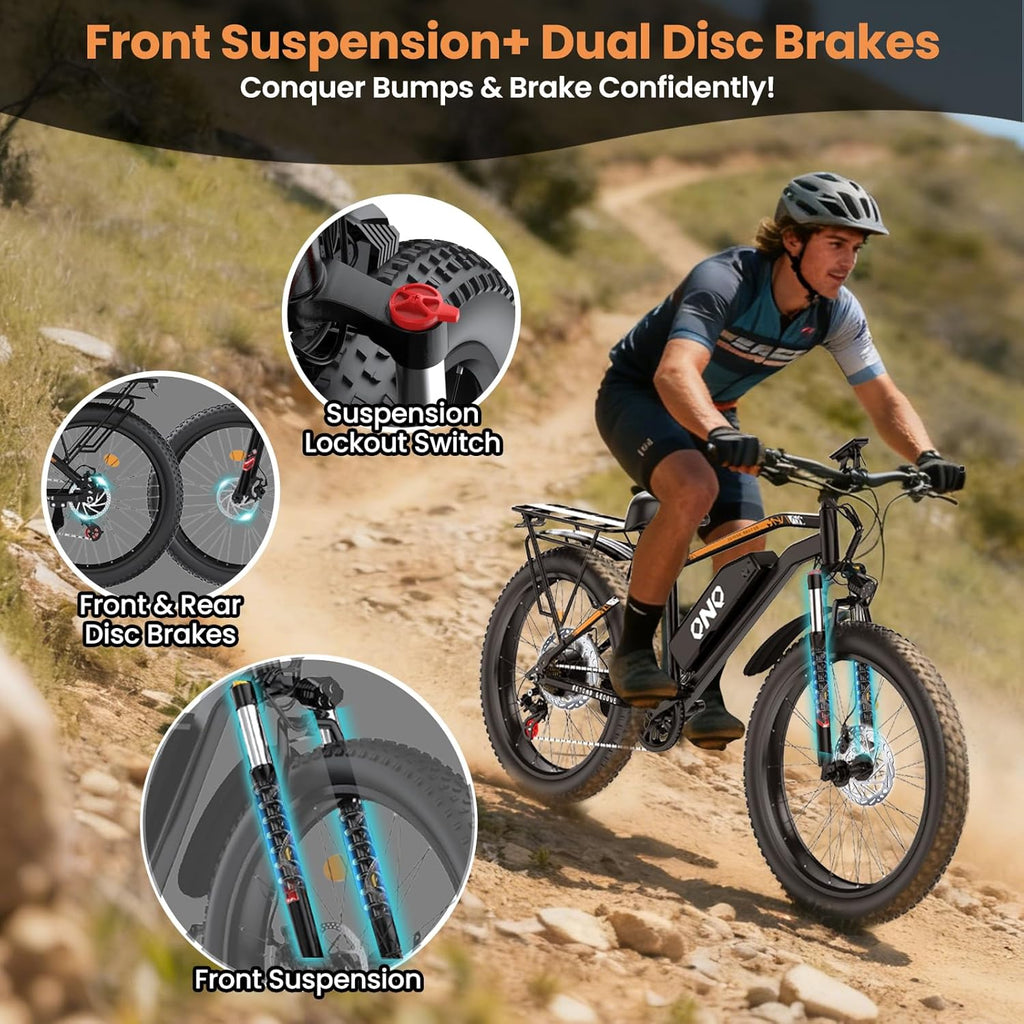 Adult Fat Tire Electric Bike 1500W Peak Motor - 48V 15Ah Fast Electric Mountain Bike, 28MPH & 60 Miles Long Range Ebike, 26" All Terrain E-Bike for Men Women with Lockable Suspension & 7 Speed Gears