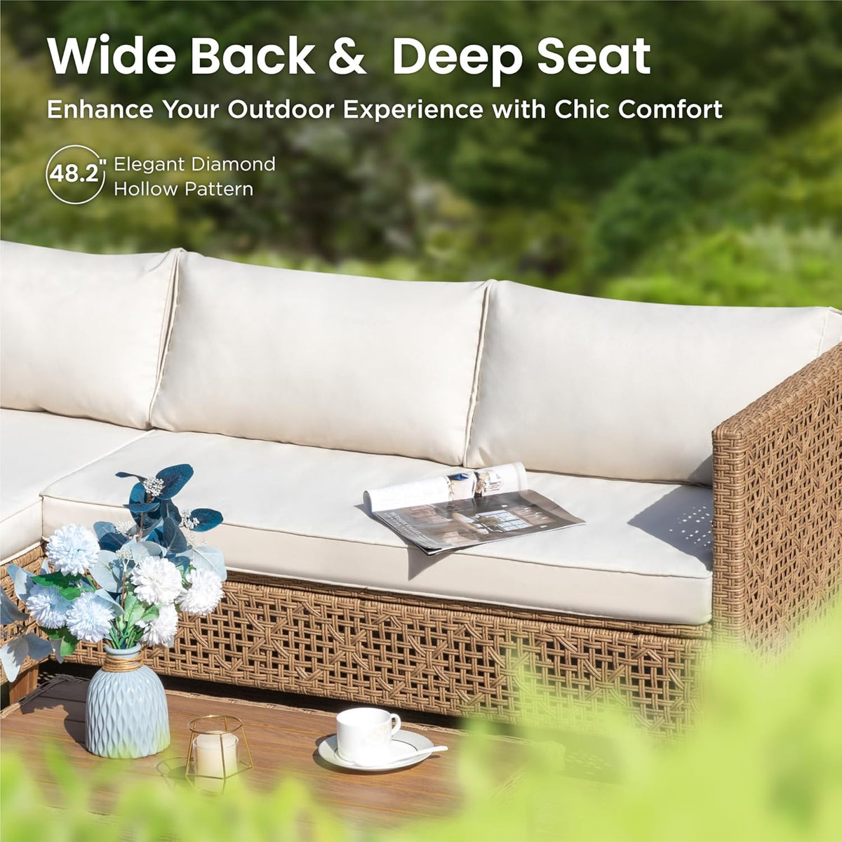 PHI VILLA Sectional Outdoor Couch, Small Patio Furniture Set with Cushions and Acacia Wood Coffee Table, L-Shaped Wicker Outdoor Sofa for Deck or Porch, 4 Seats, Beige