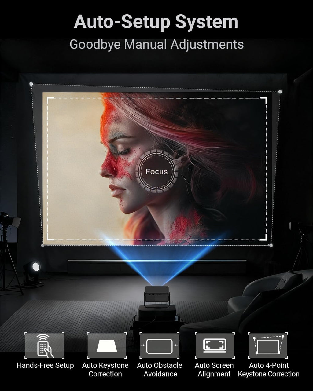 Smart Projector with Wifi and Bluetooth,Streaming Experience Built-in, Native 1080P FHD, 4k Support, 2*8W Speakers,AI Auto Focus & Keystone,Home Movie Portable Outdoor Mini Projector