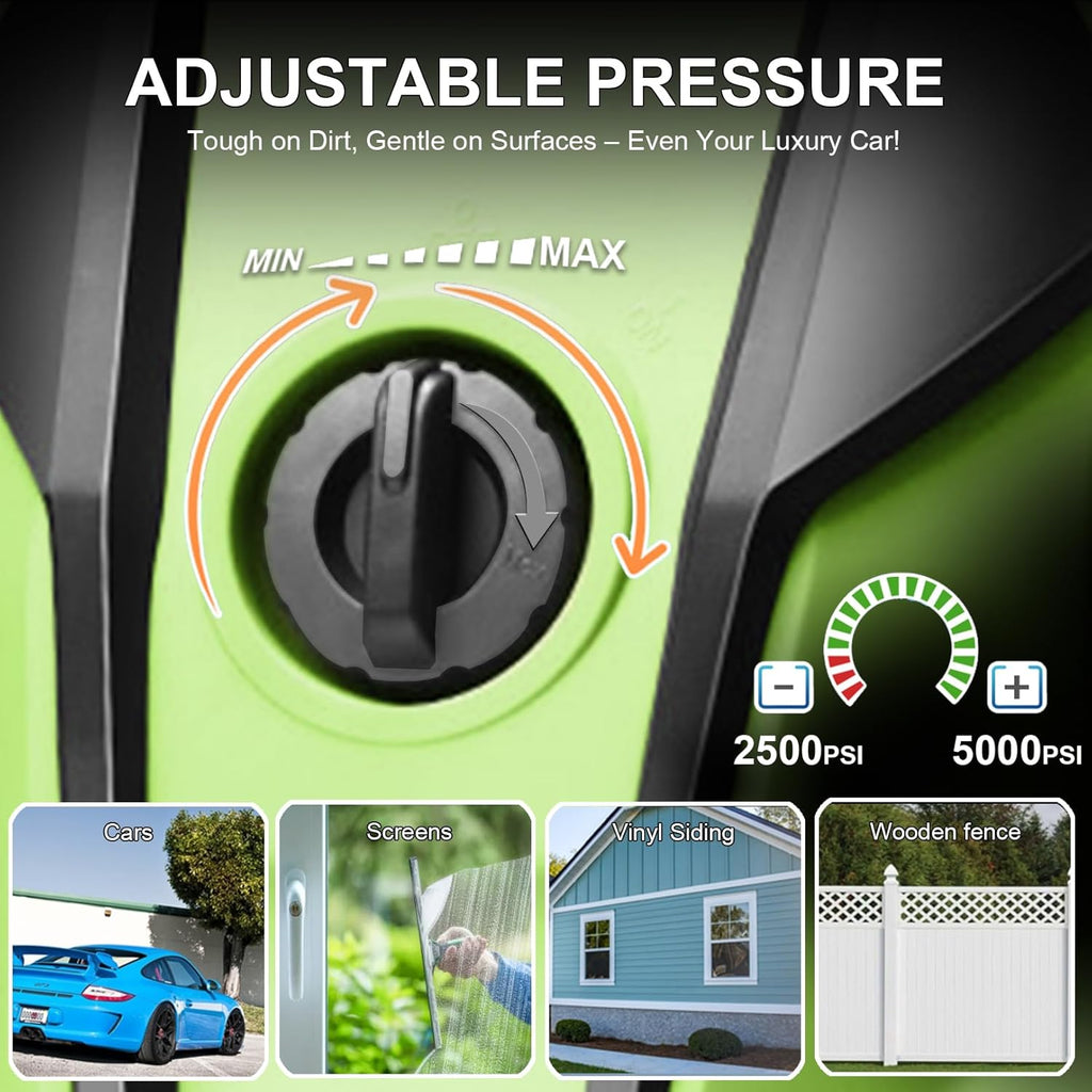 Pressure Washer 5000PSI Adjustable Pressure with 33FT Hose, 4 Nozzle, Power Washer for Home Cars Driveways, Light Green