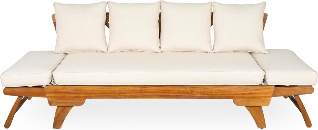 Christopher Knight Home Gary Patio Convertible Couch, Wooden Outdoor Daybed, 3-Seater Acacia Wood Patio Furniture Lounge Sofa for Backyard/Poolside/Garden, Back Pillow+Removable Cushion, Teak+ Beige