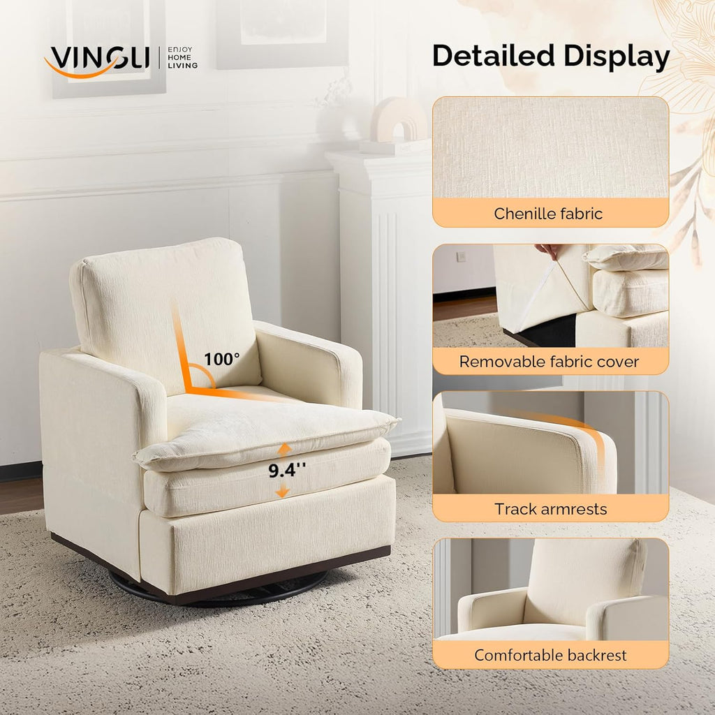 VINGLI 360°Swivel Mid-Century Modern Accent Armchairs Set of 2 with Double-Layer Seat Cushions, Comfy Single Square Sofa, Upholstered Club Chairs for Living Room,Bedroom, Reading Room, Chenille Beige