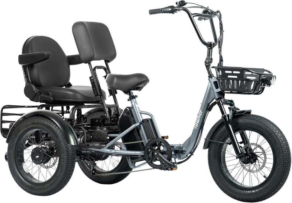 Creek Folding Electric Tricycle for Adults, Etrike with Passenger Seat & Backrest, 1000W 20MPH 80Miles Fat Tire Electric Trike, 3 Wheel Electric Bike, Reverse, Parking, Differential, Gray