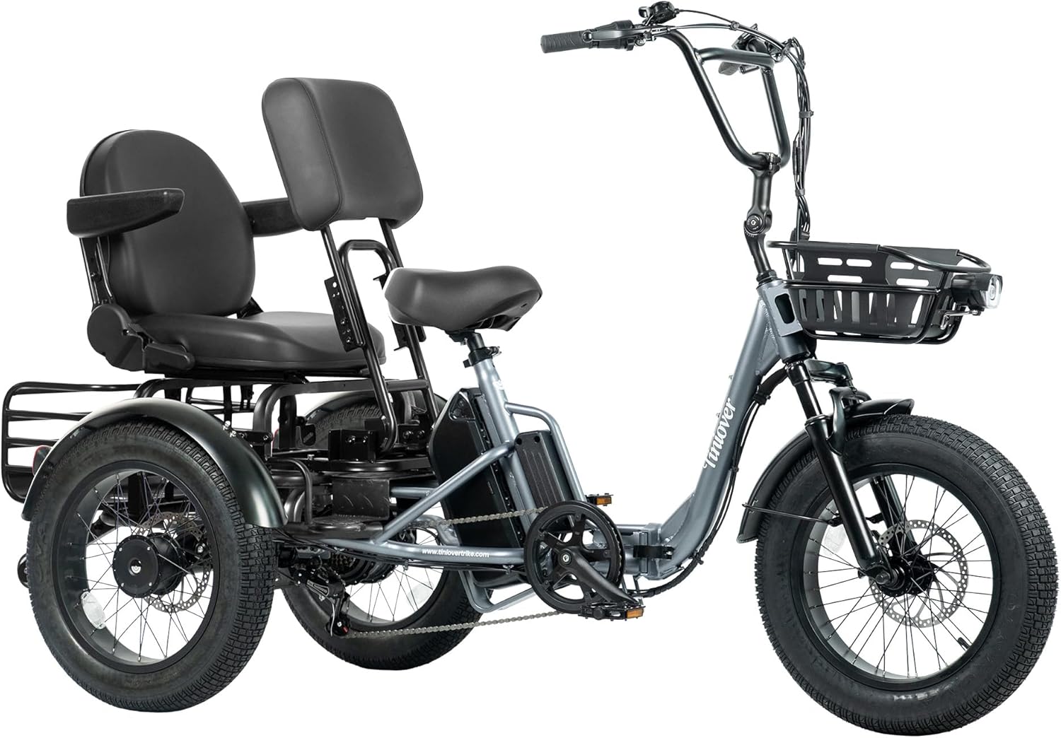 Creek Folding Electric Tricycle for Adults, Etrike with Passenger Seat & Backrest, 1000W 20MPH 80Miles Fat Tire Electric Trike, 3 Wheel Electric Bike, Reverse, Parking, Differential, Gray