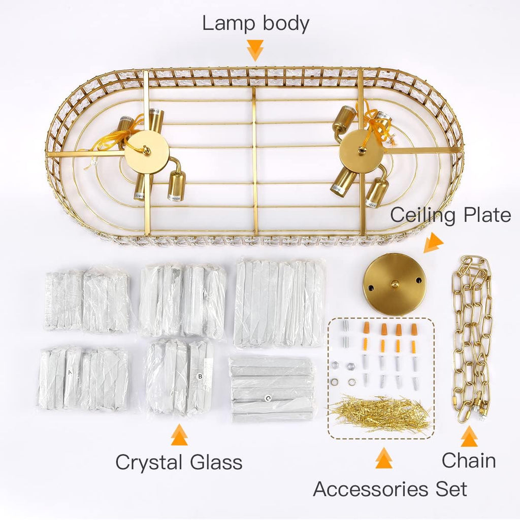 Modern Crystal Chandelier Gold Finish Light Fixture, Oval Crystal Pendant Light Hanging Lamp, for Living Room, Dining Room, Restaurant, E12 x 8, 29.5 x 13 inch