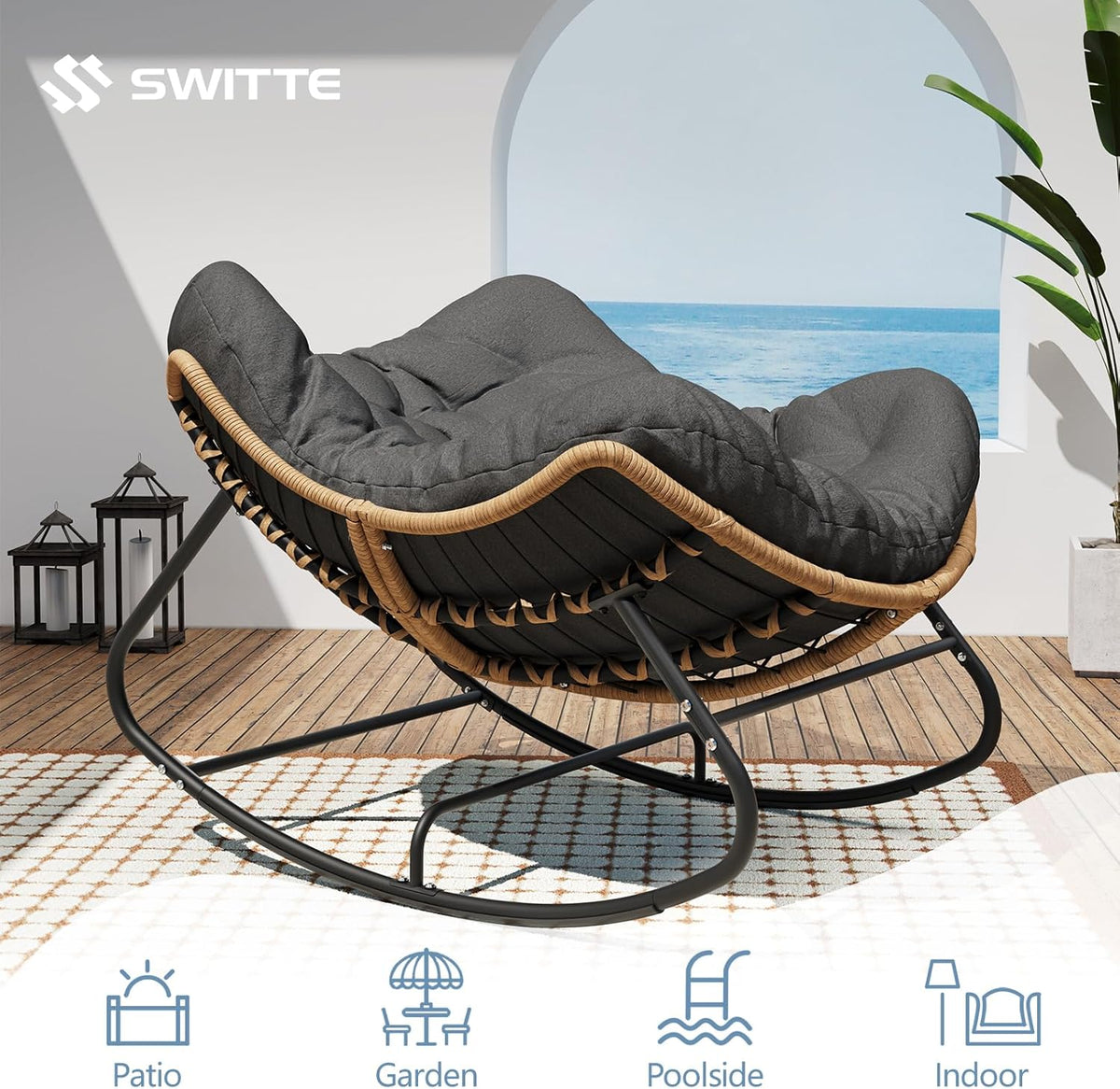 SWITTE Outdoor Rocking Chair, Oversized Patio Papasan Rocker, Comfy Wicker Reading Lounge, Indoor Bed-Like Egg Chair for Bedroom,Balcony, Porch, Garden, Dark Grey