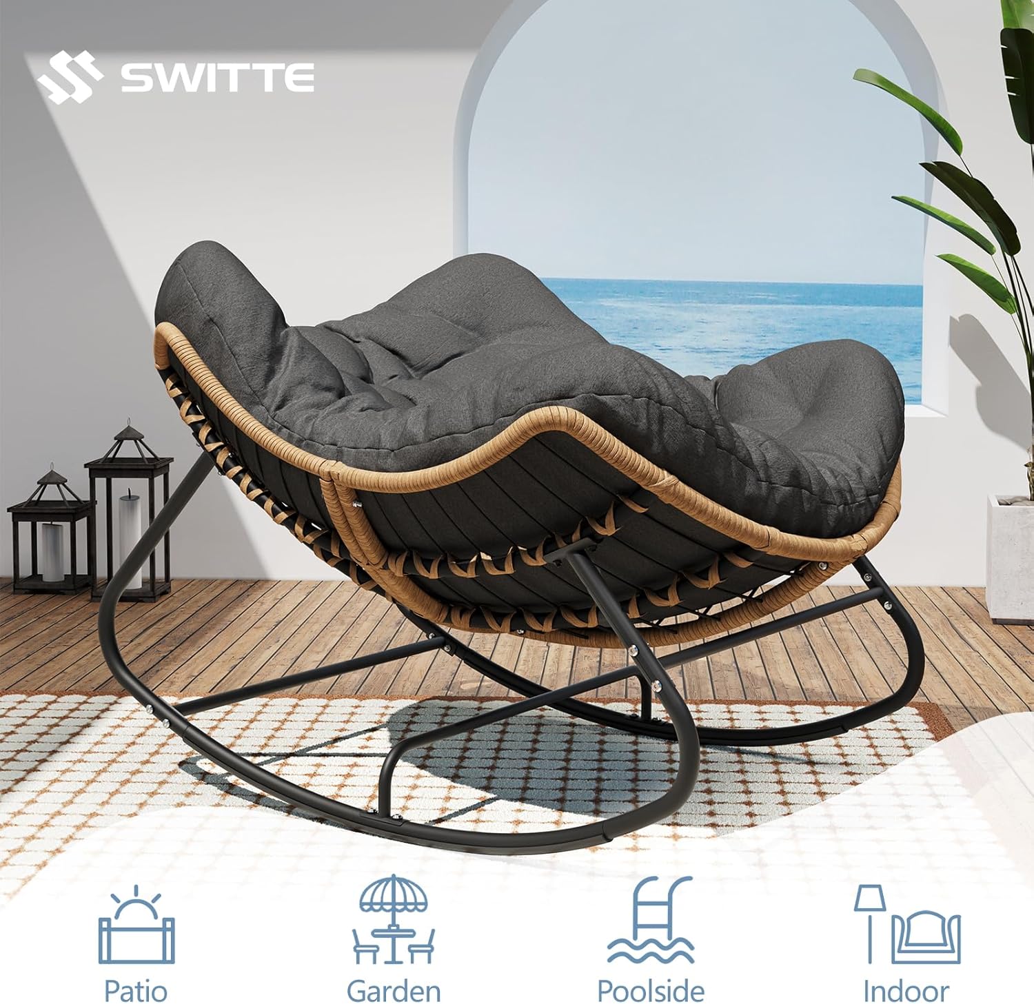 SWITTE Outdoor Rocking Chair, Oversized Patio Papasan Rocker, Comfy Wicker Reading Lounge, Indoor Bed-Like Egg Chair for Bedroom,Balcony, Porch, Garden, Dark Grey