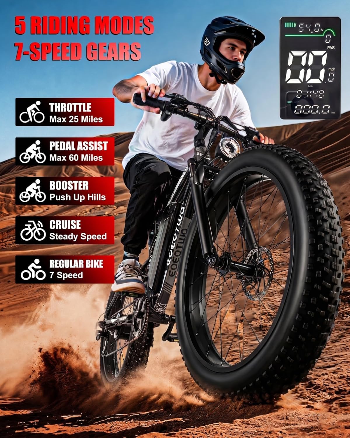 Electric Bike for Adults,1500W Peak Motor E Bikes, 26" Fat Tire Electric Bicycle, 20 MPH 60 Miles Electric Mountain Bike, Removable Battery, Dual Brake, 7 Speed