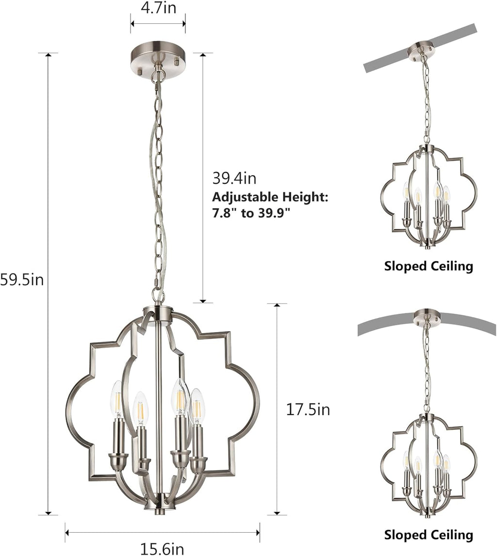 Jonsi Brushed Nickel Chandelier - 4 Lights Kitchen Island Pendant Light, 15.6" Farmhouse Orb Geometric Adjustable Height Ceiling Hanging Lighting for Entryway Foyer Bar Restauran Living Dining Room