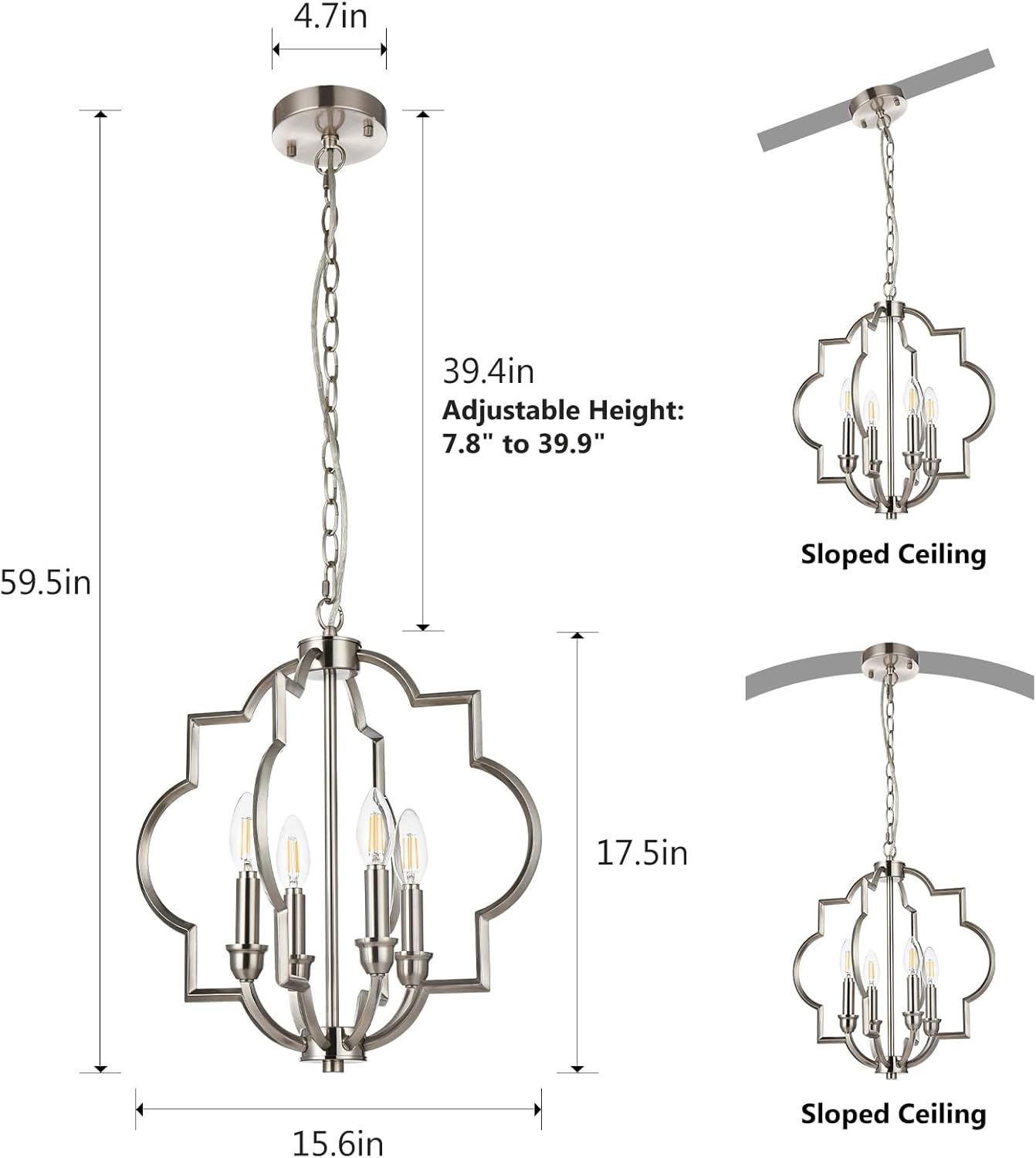 Jonsi Brushed Nickel Chandelier - 4 Lights Kitchen Island Pendant Light, 15.6" Farmhouse Orb Geometric Adjustable Height Ceiling Hanging Lighting for Entryway Foyer Bar Restauran Living Dining Room