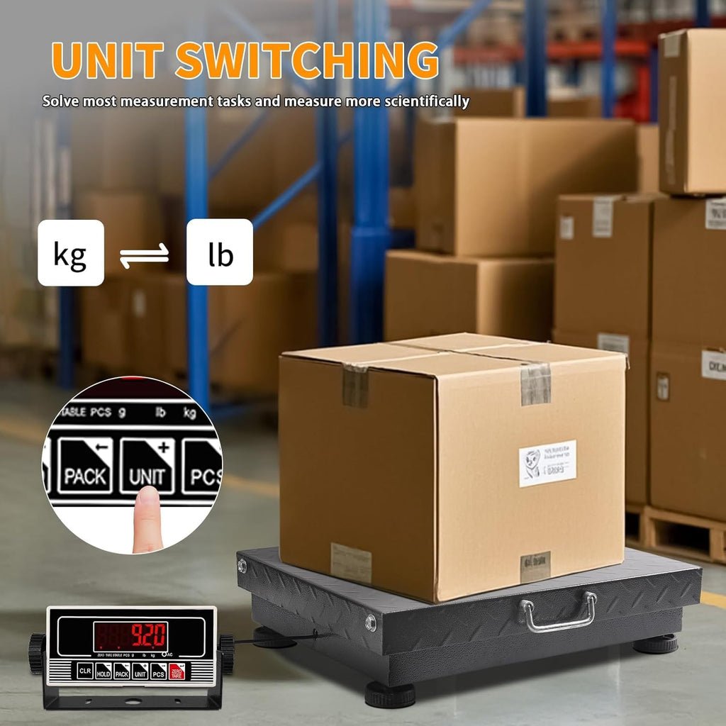 Heavy Duty Postal Scale, 660lb/0.1lb High Accuracy Shipping Scale with Carbon Steel Large Platform, LB/KG, Counting, Tare & LED, Lithium Batteries & Chargers for Small Business Warehouses etc