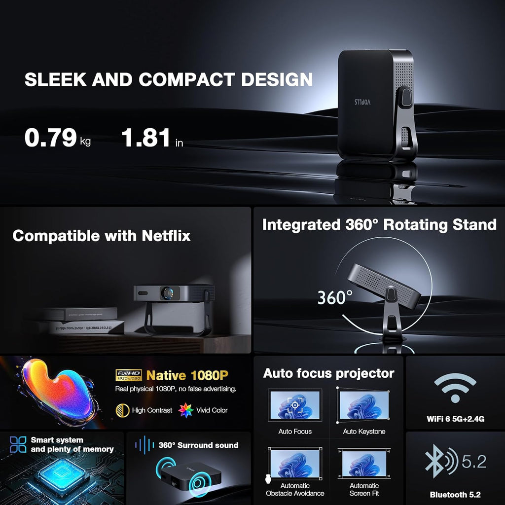 【Officially-Licensed APP & Native 1080P】 Thinnest 1.81" Smart Mini Projector with WiFi and Bluetooth, Auto Focus & Keystone Portable Outdoor Projector, VOPLLS 4K Support Home Movie Projector