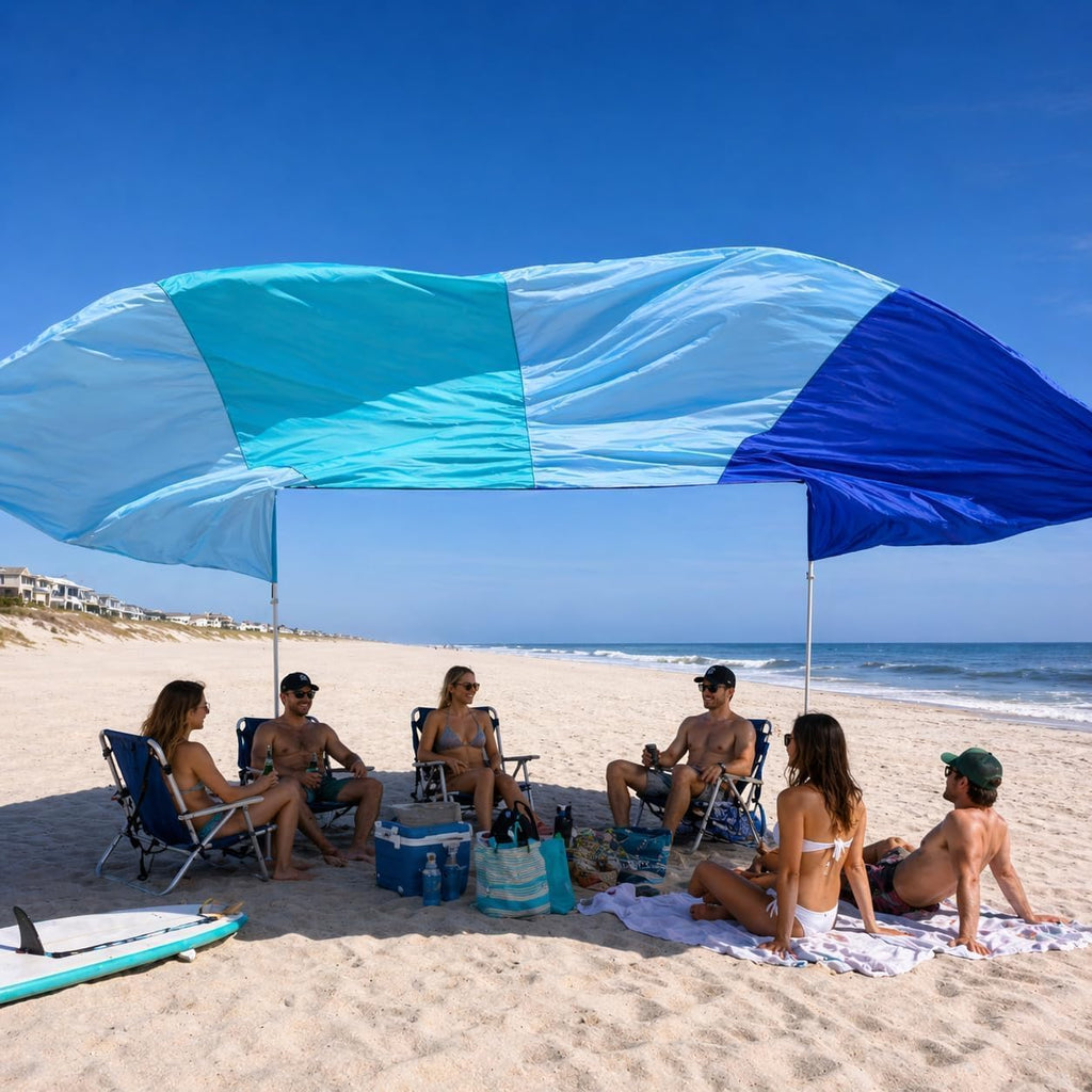 MillionShades® Beach Shade Canopy – No Ropes, No Sandbags, Quiet in Wind, 10x10 ft Wind-Propelled® Beach Shade Sail, UPF 50+, Classic for 5-7 People