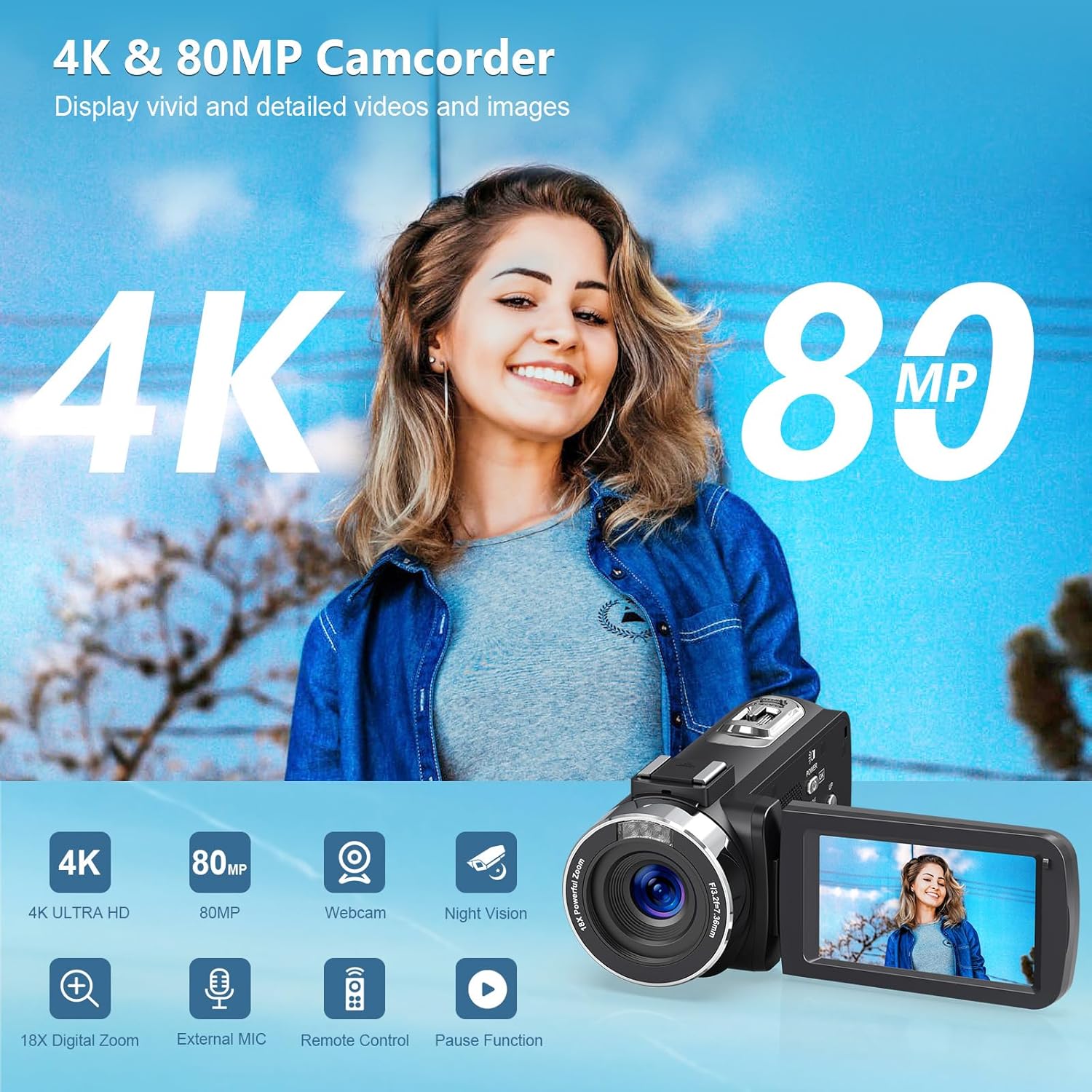 4K Camcorder Video Camera HD 80MP 30FPS Vlogging Camera for YouTube IR Night Vision Camera 18X Digital Zoom 3.0 IPS Screen Video Recorder with 32GB SD Card, 2 Batteries, Remote Control, and Stabilizer