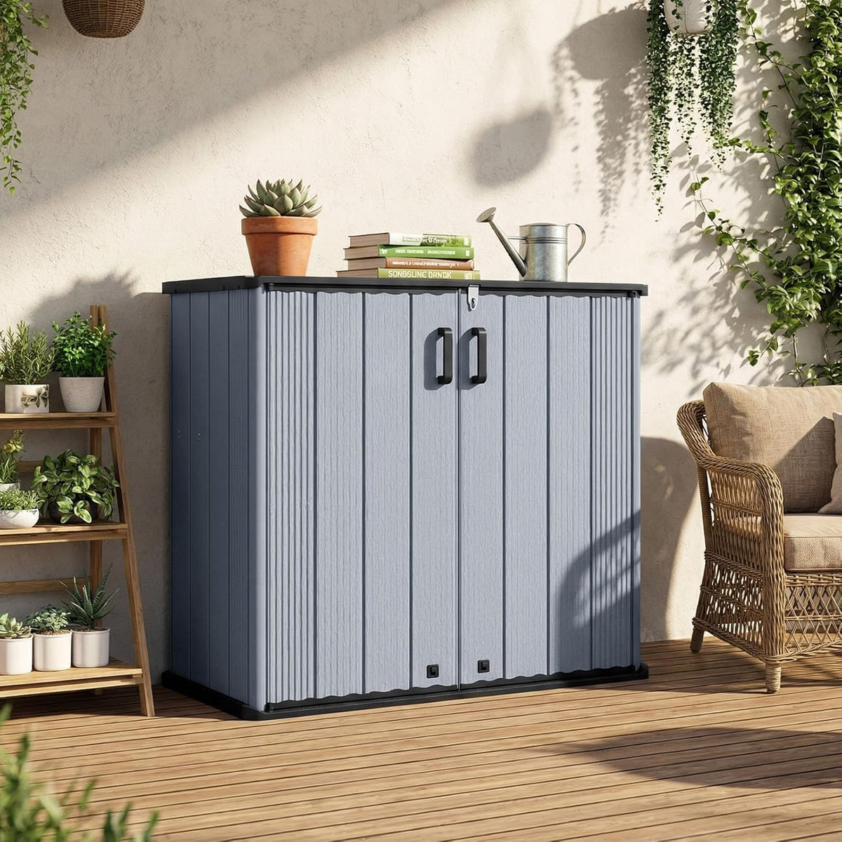 Tangkula 23.5 Cu.ft Outdoor Storage Shed, All-Weather Resin Patio Storage Box with Floor, Lockable Door & Removable Shelf, Waterproof Deck Box for Garden Tools