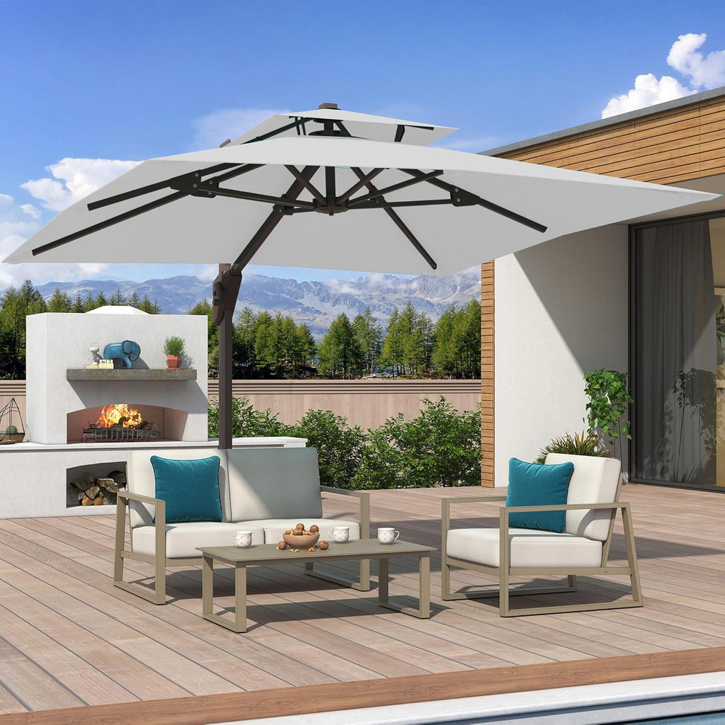10x10 FT Cantilever Patio Umbrella Double Top Outdoor Square Large Heavy Duty Aluminum Offset Umbrellas with 7 Level Tilt 360-degree Rotation for Pool Garden Deck, Fog Grey