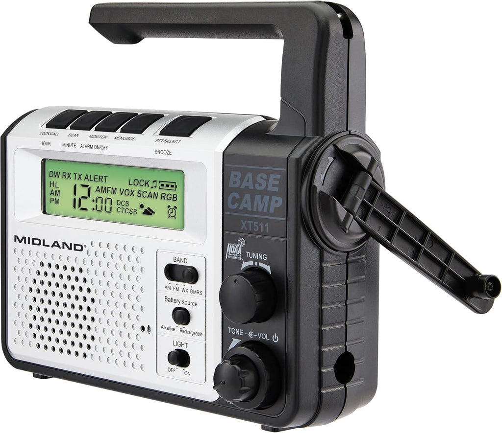Midland® - XT511 - Emergency Radio - 22 Channel Two-Way Base Camp Radio with 5 Power Options, 121 Privacy Codes, 3-LED Flashlight & NOAA Weather Scan + Alert - Gray/Black