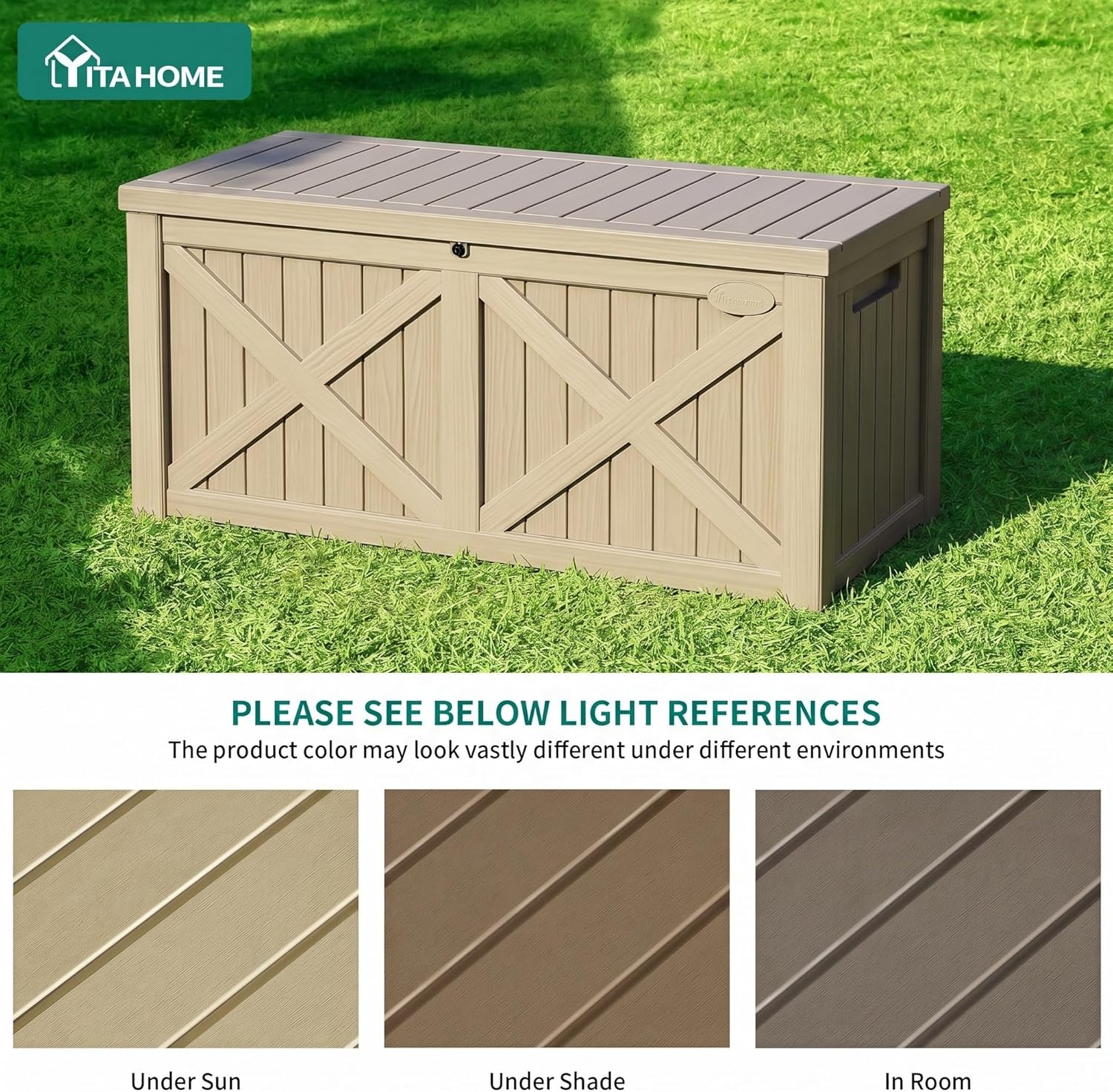 YITAHOME 150 Gallon Large Deck Box with X-Shaped Front, Resin Outdoor Storage Boxes, Waterproof Cushion Storage Bench for Patio, Pool Supplies, Garden Tools - Lockable, Taupe