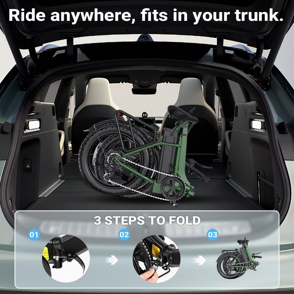 Electric Bike for Adults, Peak 1300W Motor, 75 Miles PAS Range, 52V 13Ah Removable Lithium Battery, Foldable Electric Bicycle, 20MPH 7-Speed Commuter Ebike, Max 330LBS, UL2849 Certified, Green
