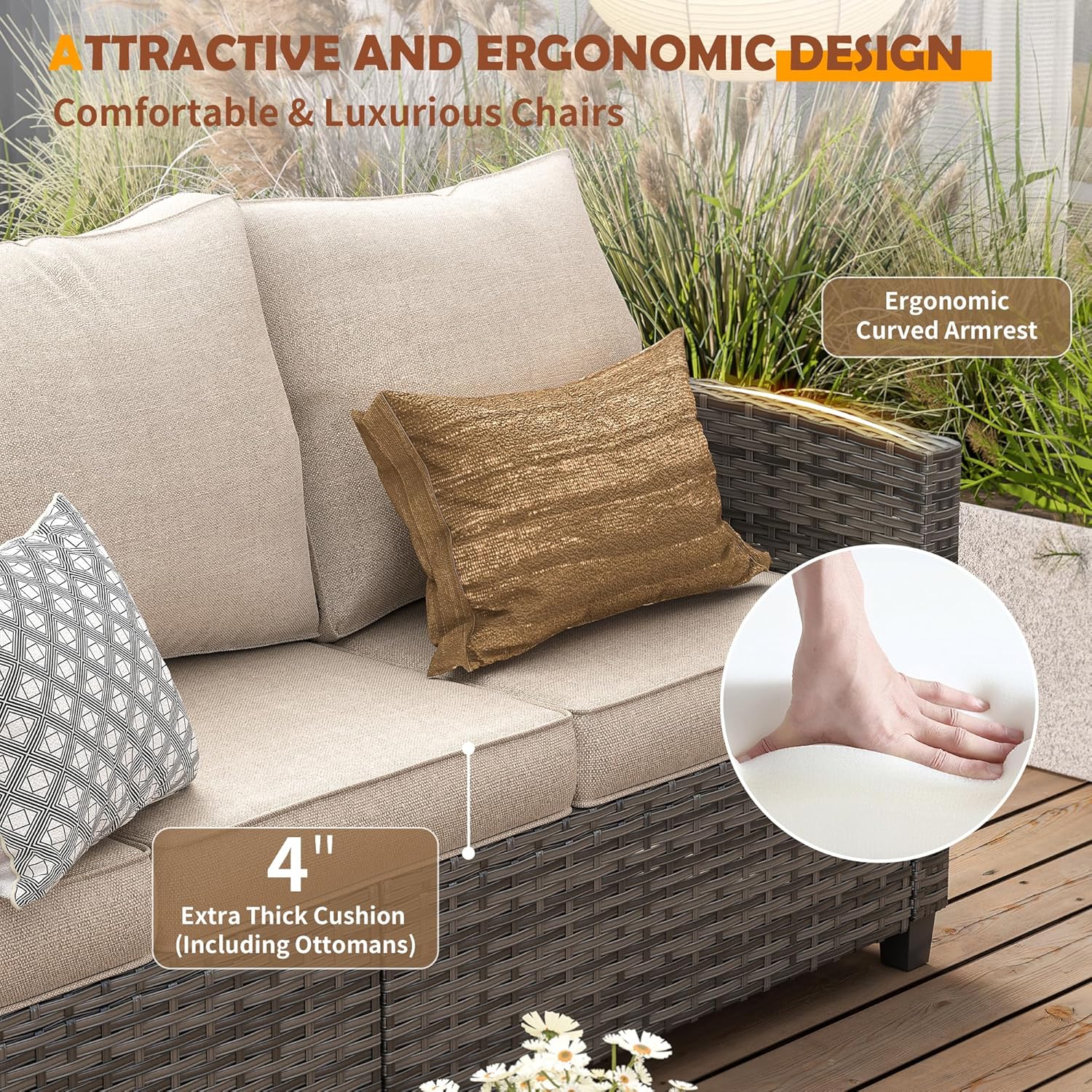 UDPATIO Patio Furniture Set with 44" Fire Pit Table, 6 Pieces Outdoor Sectional Conversation Sets, All-Weather Wicker Rattan Sofa Ottoman with 4" Thick Cushion for Garden Backyard Deck, Khaki
