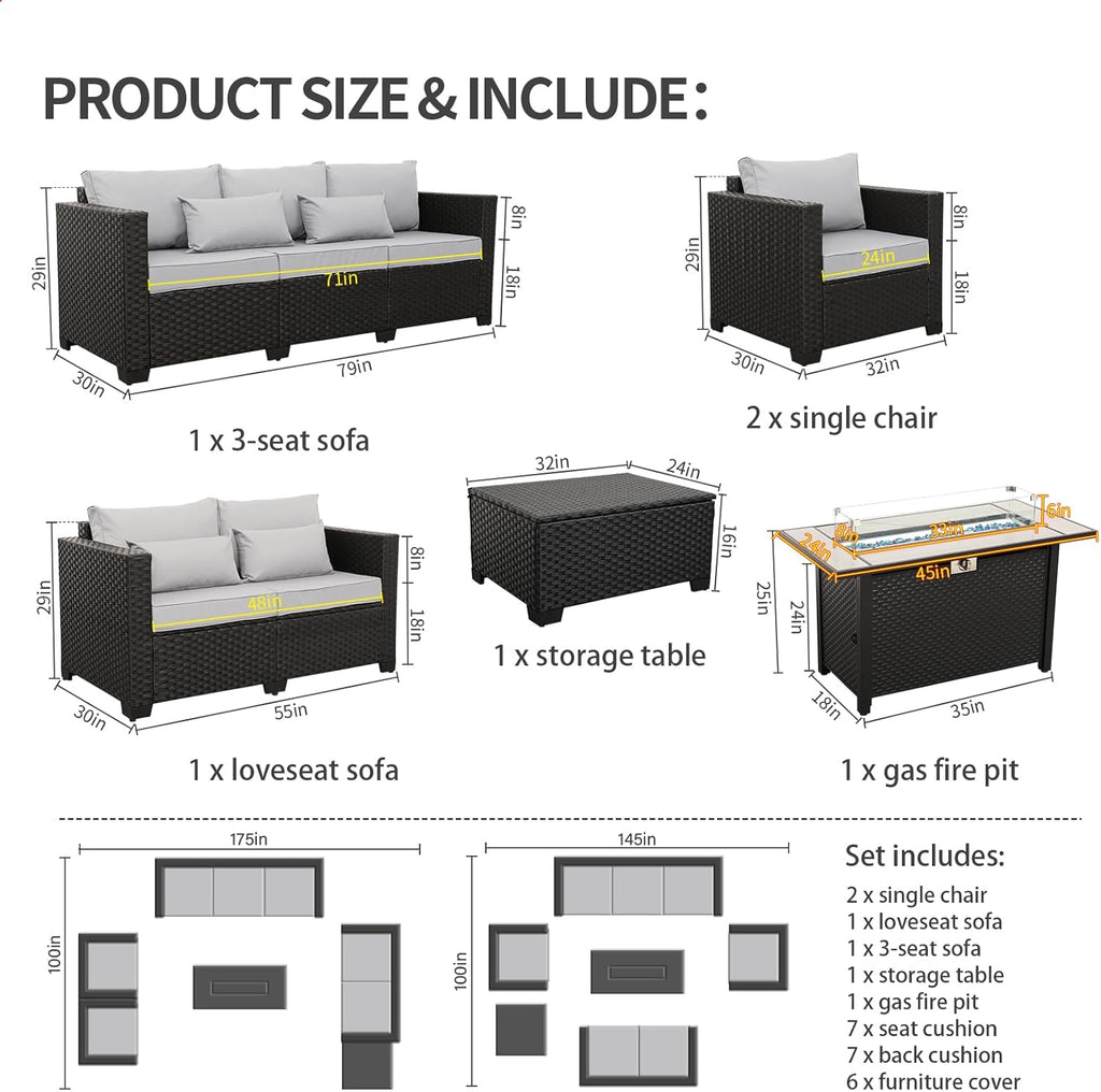 Rattaner 6 Pcs Outdoor Furniture Sets Patio Furniture Set with 45" Fire Pit Patio Couch Outdoor Chairs 60000 BTU Steel Propane Fire Pit Table No-Slip Cushions and Waterproof Covers, Light Grey