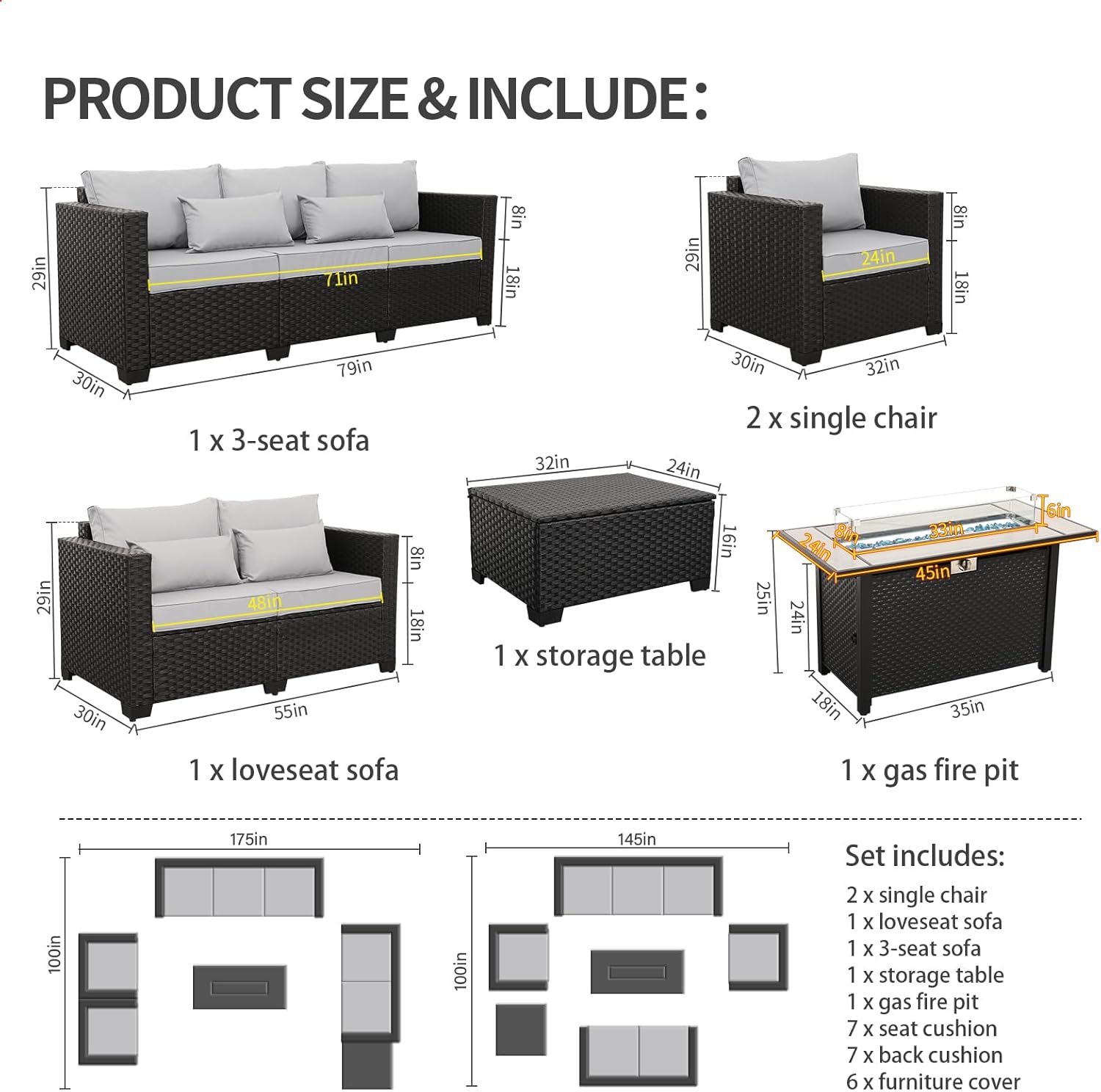 Rattaner 6 Pcs Outdoor Furniture Sets Patio Furniture Set with 45" Fire Pit Patio Couch Outdoor Chairs 60000 BTU Steel Propane Fire Pit Table No-Slip Cushions and Waterproof Covers, Light Grey