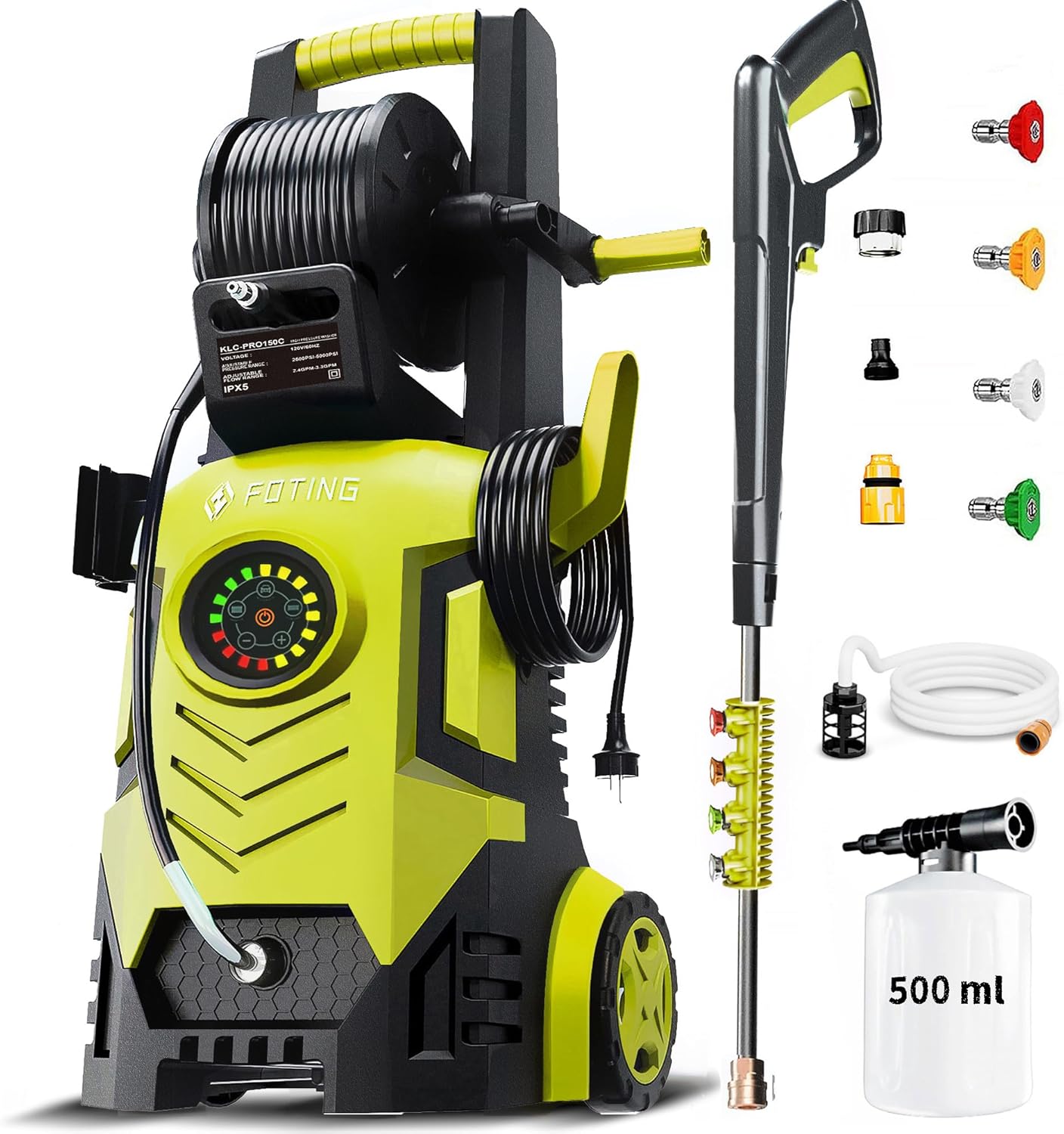 2026Upgraded Pressure Washer 5000PSI with Adj-8-Level Touch Screen, 34" Tall Power Washer, 4 Quick Connect Nozzles, Inlet Hose&Filter&500mlFoam Cannon for Cars/Fences/Driveways/Home Cleaning, Yellow